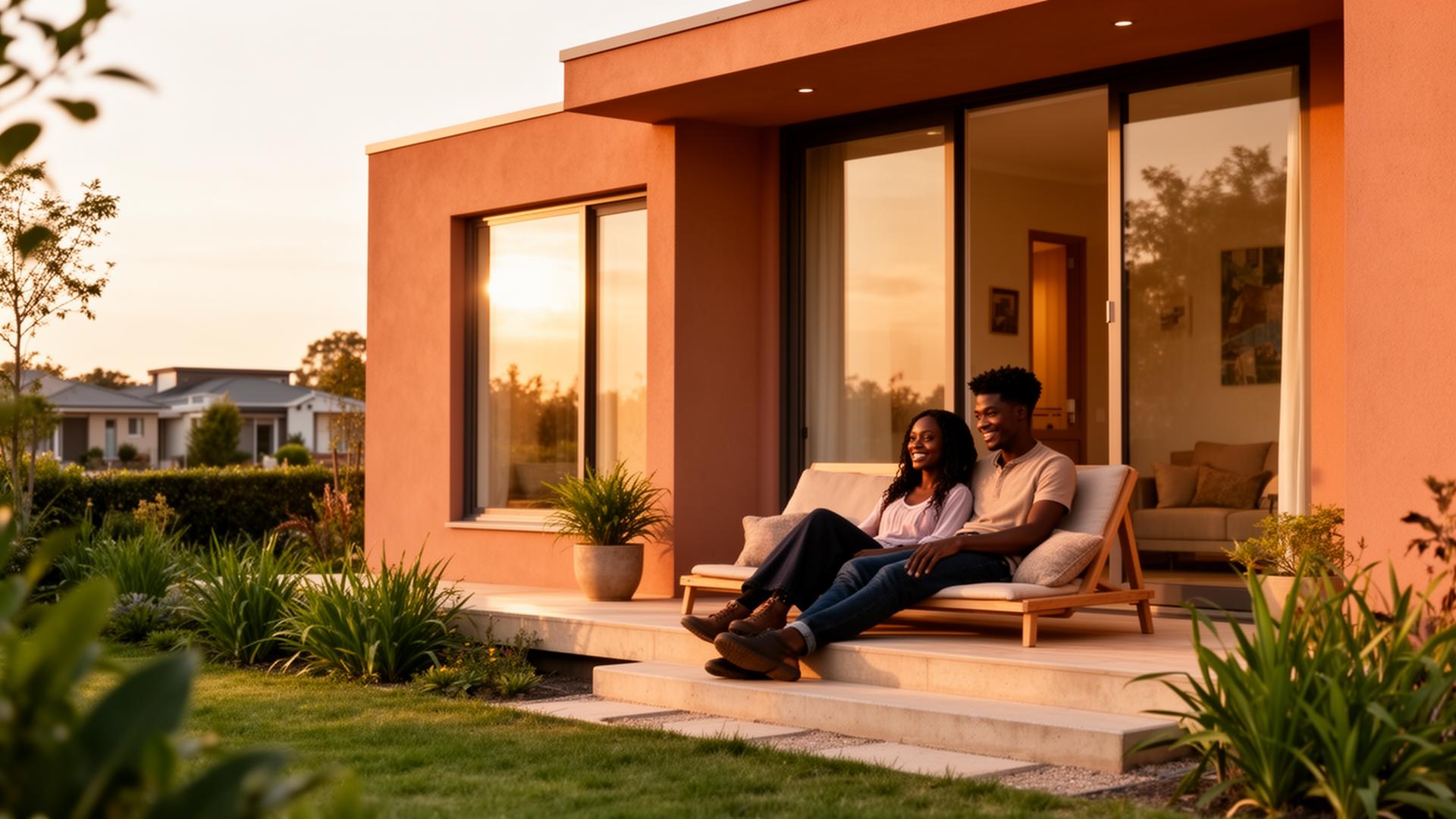 A young couple relaxing on the porch of their Micro Haven home at golden hour